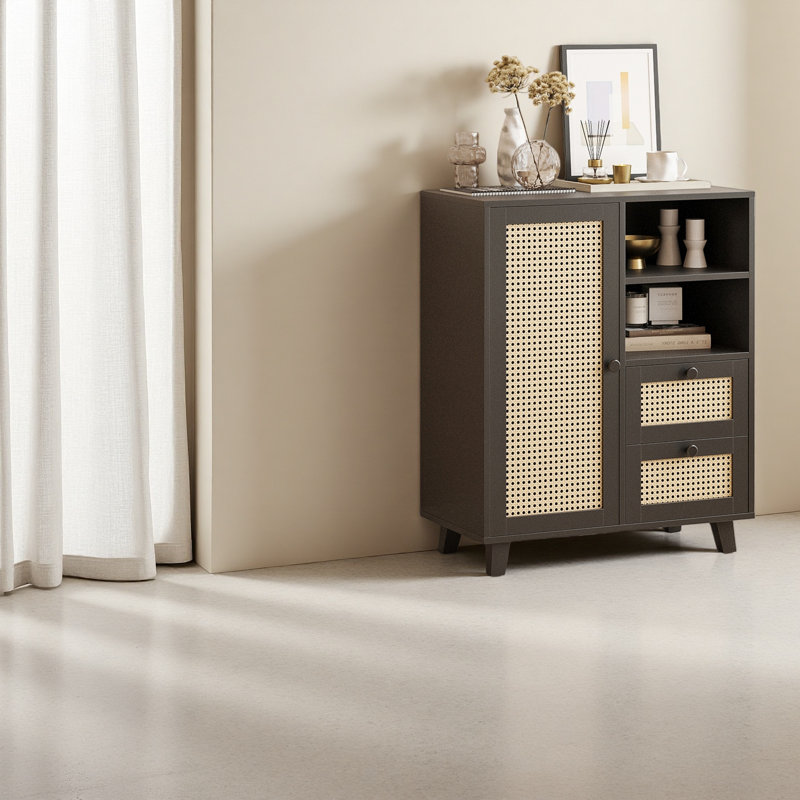 Rattan Buffet Cabinet With Adjustable Shelf, Sideboard With Drawers For Living Room, Kitchen, Entryway, Black