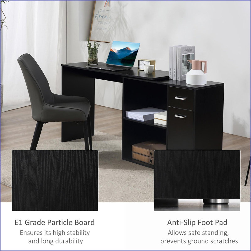 Desks, 180° Rotating L-Shaped Home Office Desk with Storage | Black | P2 Particle Board