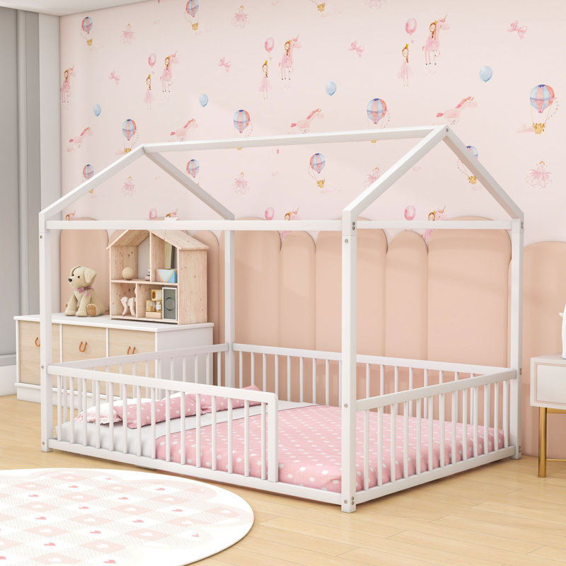 Metal Floor Bed With Safety Fence, Full, White