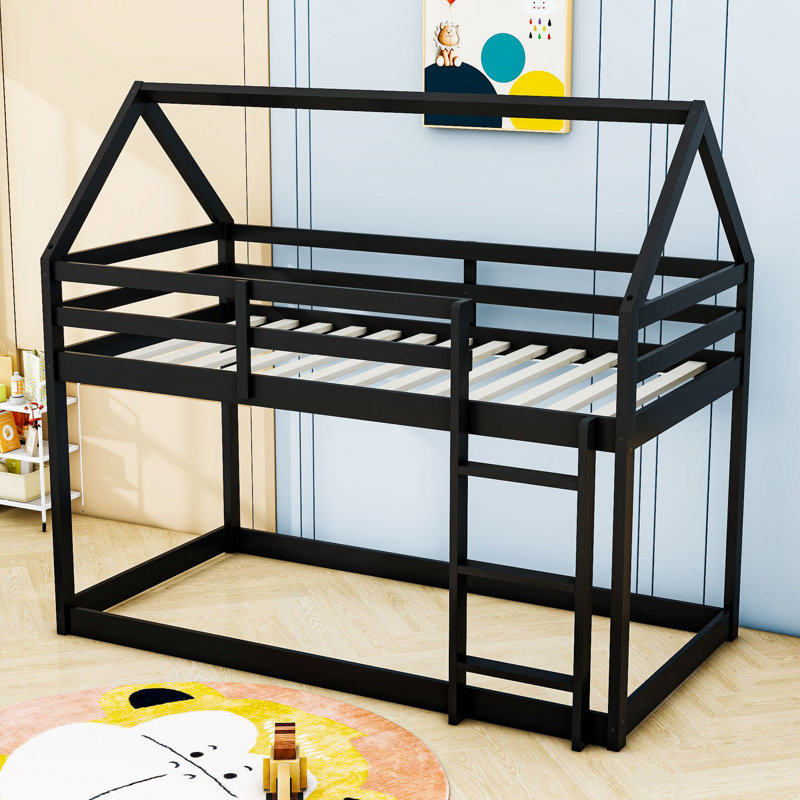 Arcelin Twin Over Twin Wood Bunk Bed With Ladder And Guardrails, Black