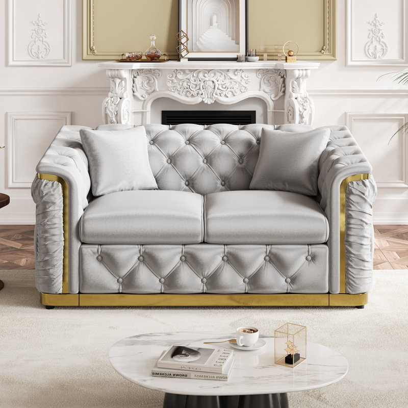 63" Luxury Chesterfield Velvet Loveseat With Gold Accent Arms, Gray