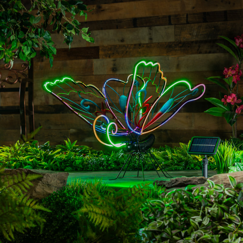 28" Multicolor Solar Neon Butterfly Garden Statue