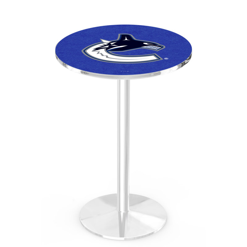 NHL Round Metal Base Dining Table, Chrome, Vancouver Canucks
