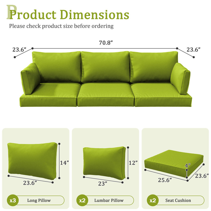 Outdoor 4" Thick Replacement Cushion Set Seat/Back Cushion (Set Of 3 Seats , 3 Backs , 2 Short Backs), Grass Green