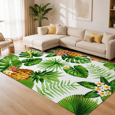 Tapis 1 pièce à motif d'ananas et de feuilles tropicales - décor de verdure vibrante, lavable, facile à nettoyer, grand espace mince avec envers antidérapant pour le salon, la chambre à coucher, la cuisine et le bureau
