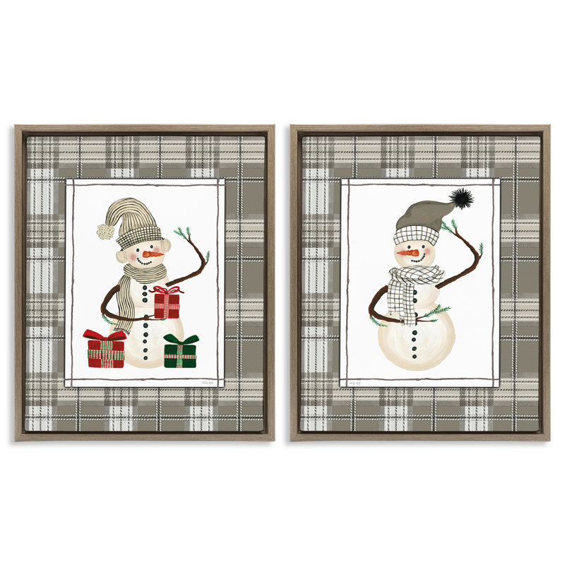 Ensemble de 2 cadres flottants Cozy Snowmen on Plaid, design par Cindy Jacobs, H 31 po x l 25 po
