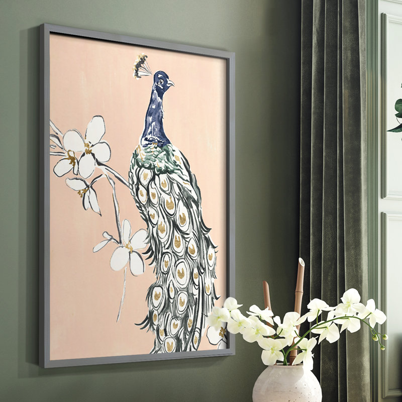 «Peacock in Gold III», reproduction encadrée - bois massif, Gris, H 10 po x l 8 po