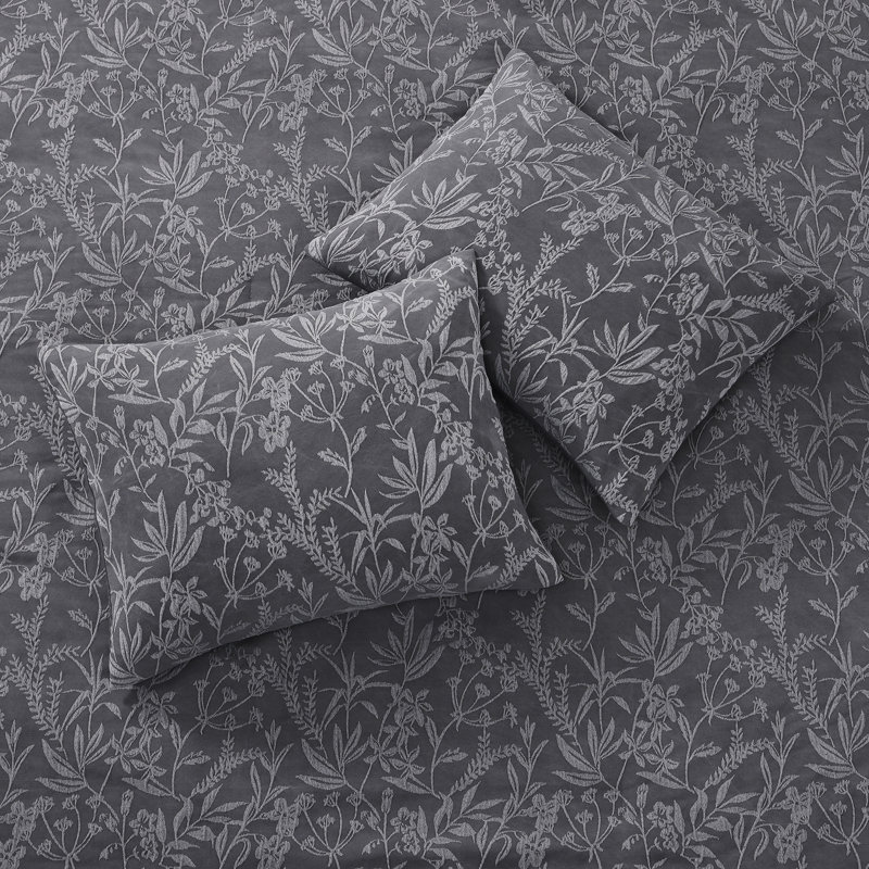 Design Studio Botanical Grey 4-Piece Stonewashed Jacquard Comforter Set, Queen Comforter +2 Standard Shams +1 Throw Pillow
