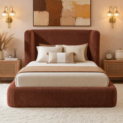 Cadre de lit double en chenille compressée et rembourrée, 130 cm de largeur, avec design bas et tête de lit moelleuse, sans sommier requis.