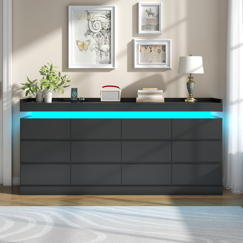 12 Drawer Dresser For Bedroom With Power Outlet, LED Light, Black