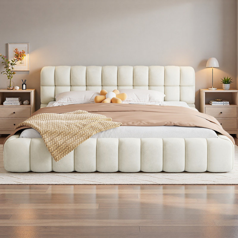 Lit plateforme tapissier avec coutures et soutien solide, Beige