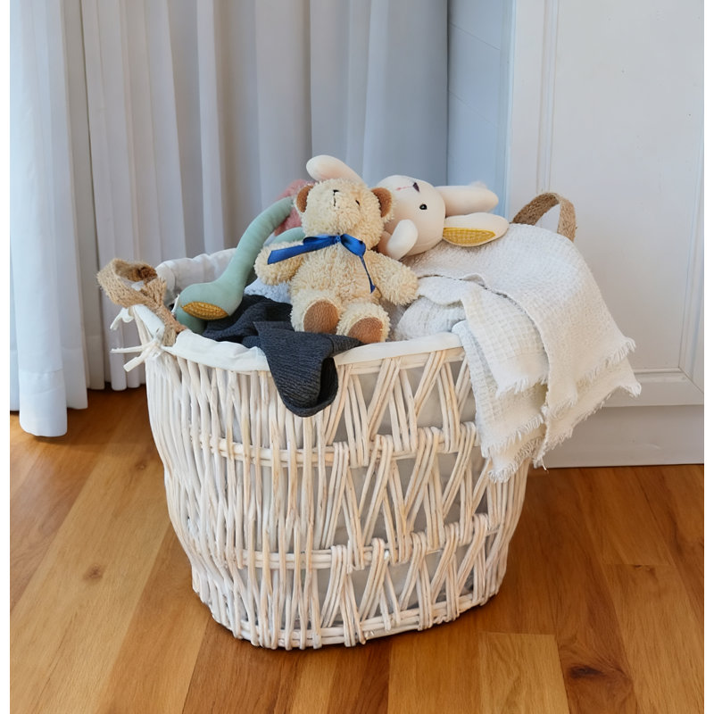 White Wicker Storage Basket with Handles – Decorative Woven Organizer for Home, White