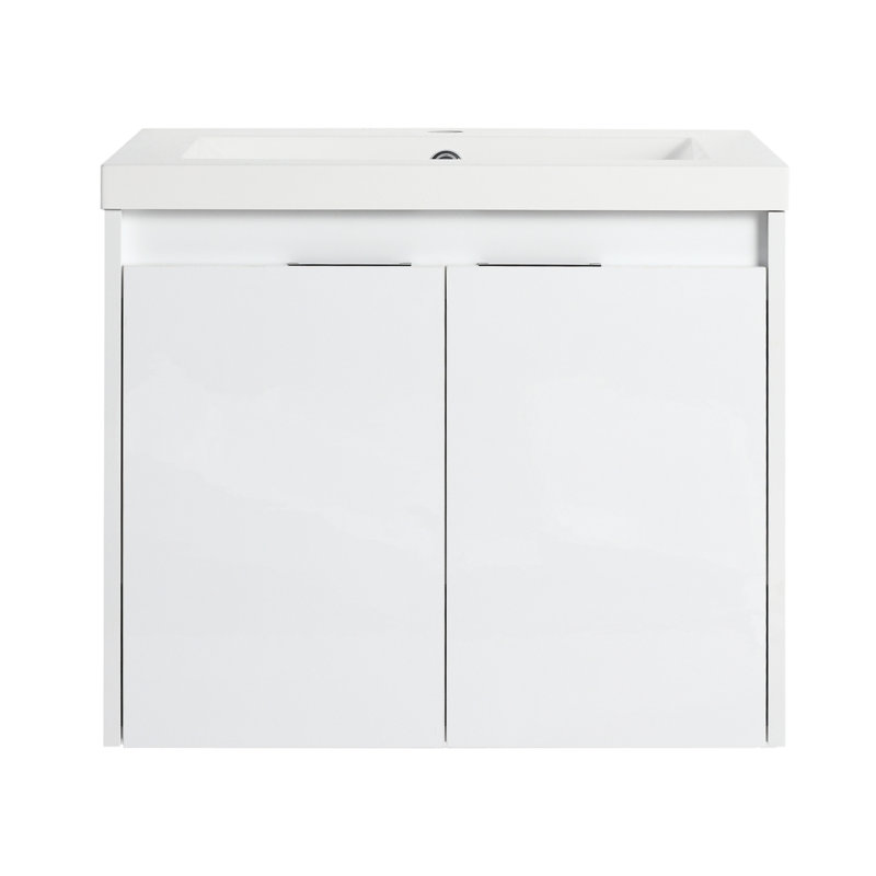 Meuble-lavabo de 24 po avec lavabo en résine, 2 portes à fermeture en douceur, fixation flottante, blanc brillant (emballage KD)