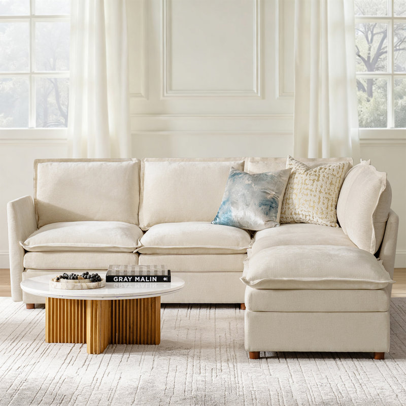 Cashin 97.5“ Modern Oversized Double-Layer Cushion Storage Sectional Sofa with Extendable Foot Pedal, Beige Polyester