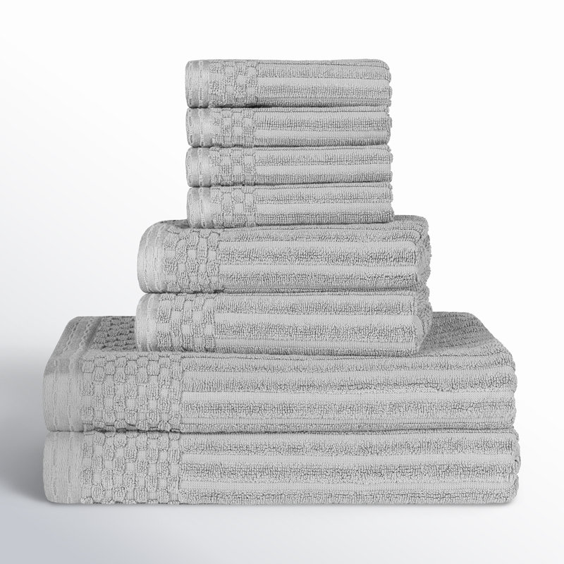 Ruvins Cotton Highly Absorbent 8-Piece Solid and Checkered Border Towel Set, Silver