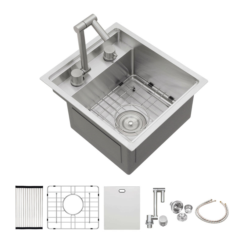 Évier de cuisine encastré 15 "avec robinet pliant - éviers de cuisine en acier inoxydable de calibre 16