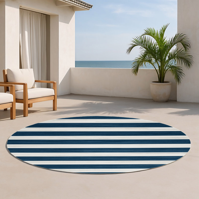 Tapis intérieur / extérieur blanc HorizontalStripes, Rond 5 pi