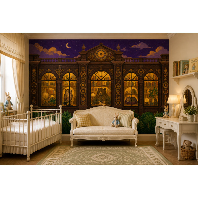 Mur de fenêtres avec bibliothèque de nuit, 140 po x 108 po, Non tissé