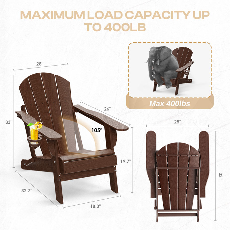HDPE Folding Outdoor Adirondack Chair With Cup Holder (Set Of 2), Brownwood