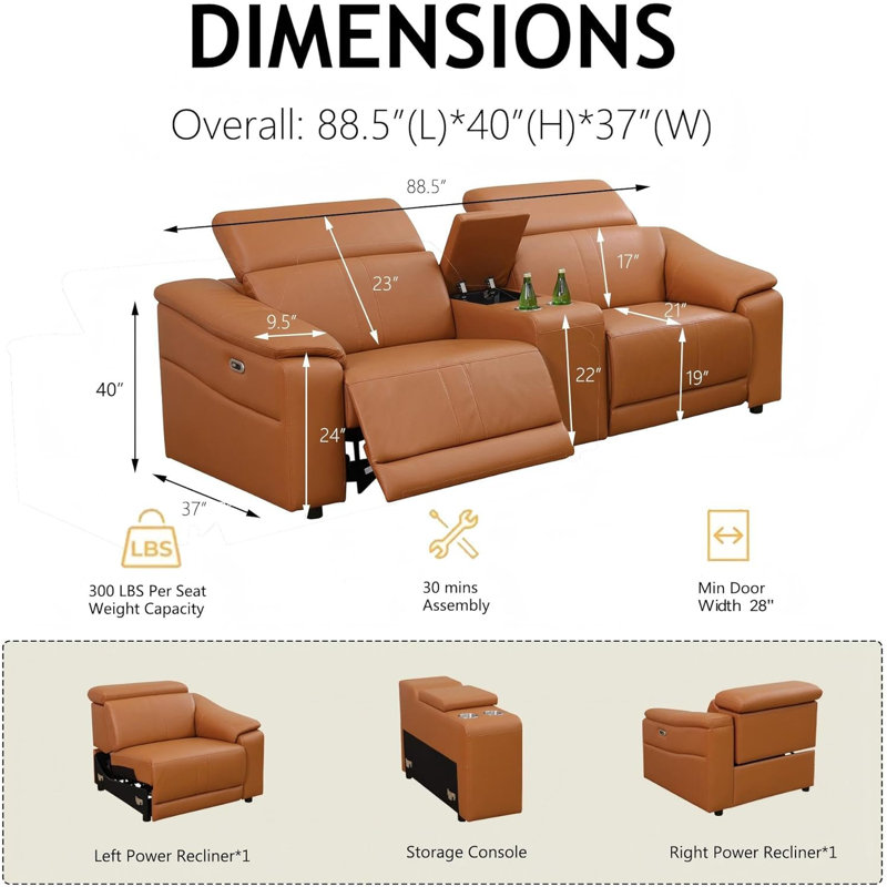 Mokkie-Canapé modulaire inclinable électrique 3 pièces avec rangement et appui-tête réglable