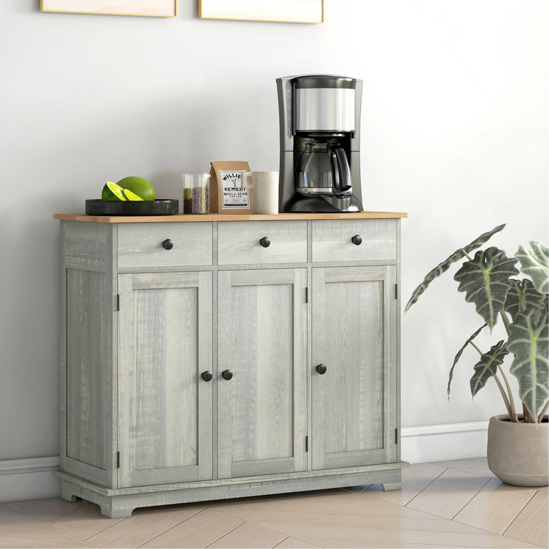 Buffet avec comptoir en bois massif, armoire de rangement de cuisine moderne, armoire à café avec 3 tiroirs, portes et tablette réglable, gris clair vieilli