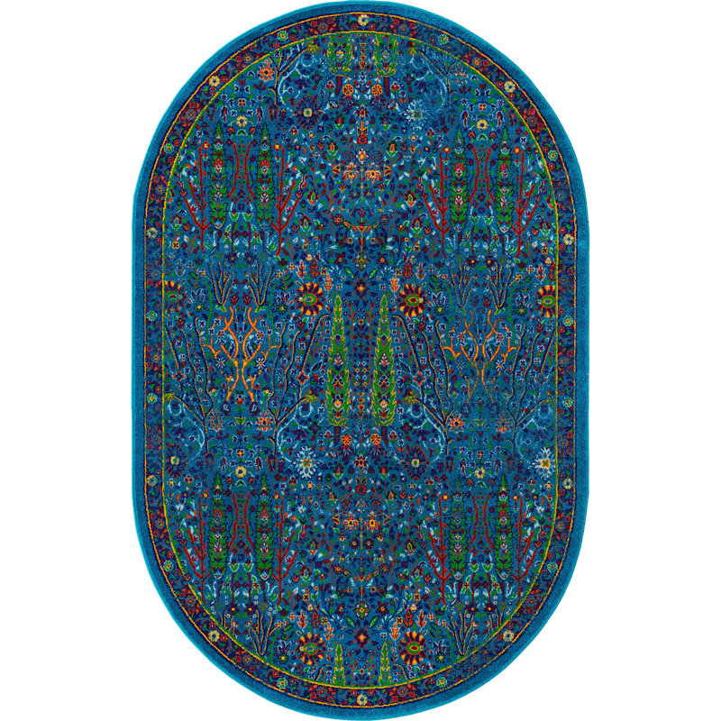 Tapis rond bleu marine en polypropylène tissé à la machine, Ovale 5 pi 3 po x 8 pi