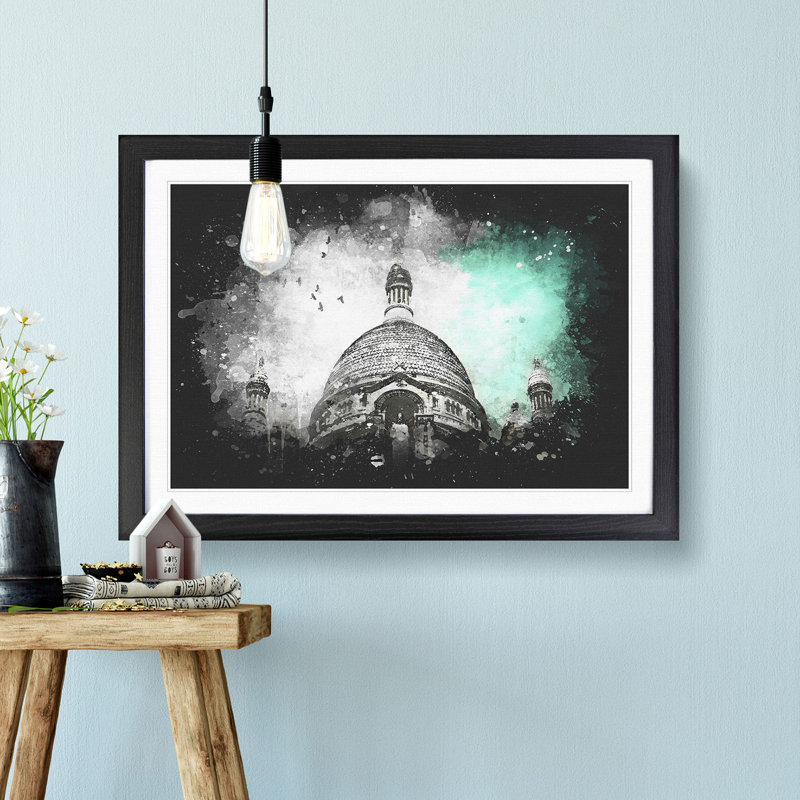 Birds Above Sacre Coeur Paris Paint Splash - Framed Print, Black Framed, 24cm H x 33cm W x 2cm D