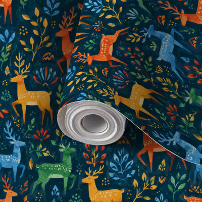 Papier peint adhésif peler et coller en PVC, revêtement mural auto-adhésif amovible avec impression abstraite de deux cerfs aux tons de bleu orange chaud, imperméable pour la décoration intérieure - Rouleau