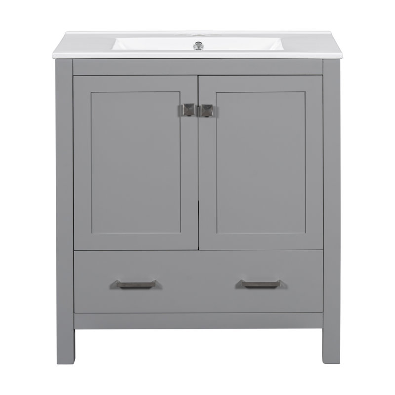 Meuble-lavabo gris de 30 po avec lavabo simple, meuble-lavabo sous-comptoir, armoire de rangement avec 2 portes et un tiroir, fermeture en douceur, rangement multifonctionnel, structure en bois massif