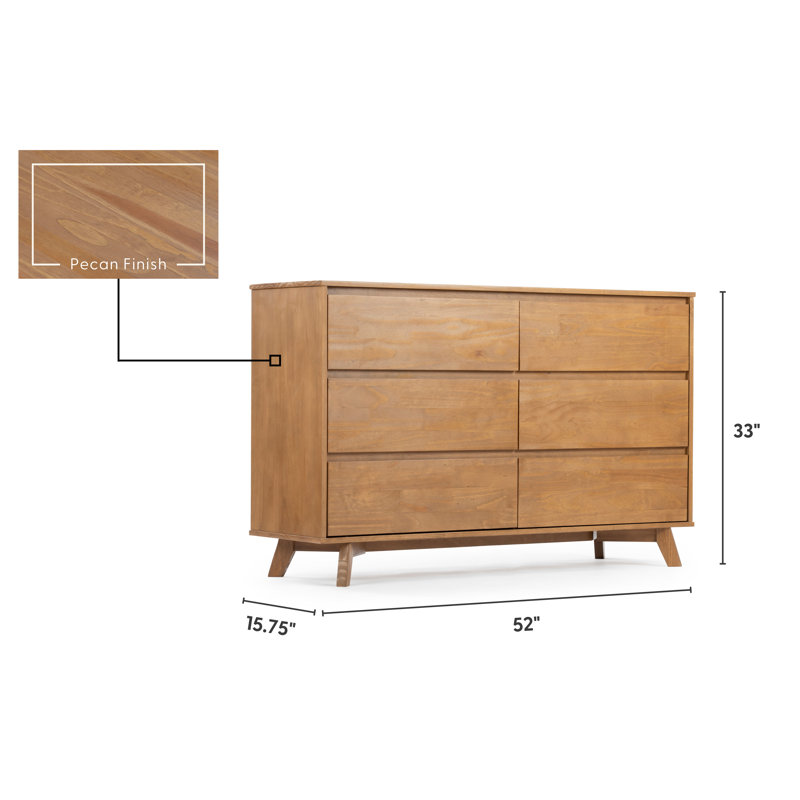 Brubaker Solid Wood 52'' W 6 - Drawer Dresser, Pecan