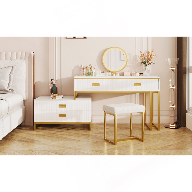 GO Modern Style Vanity Table With Movable Side Cabinet And 4-Drawers, Large Size Dressing Table With Mirror And 3-Colours LED Light, Makeup Table With Stool, White, Golden Legs