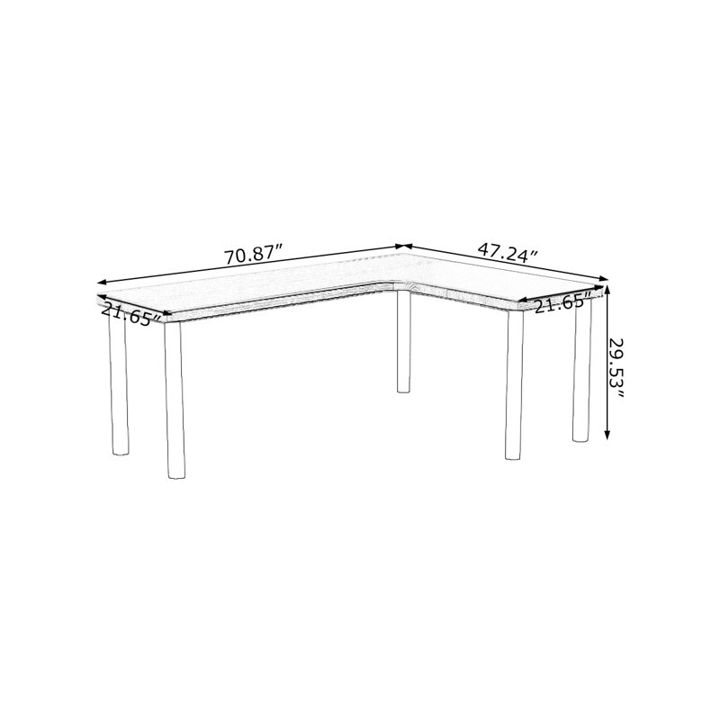 Bureau noir en bois massif en forme de L, Retour à droite, H 29,53 po x l 70,87 po x P 21,65 po