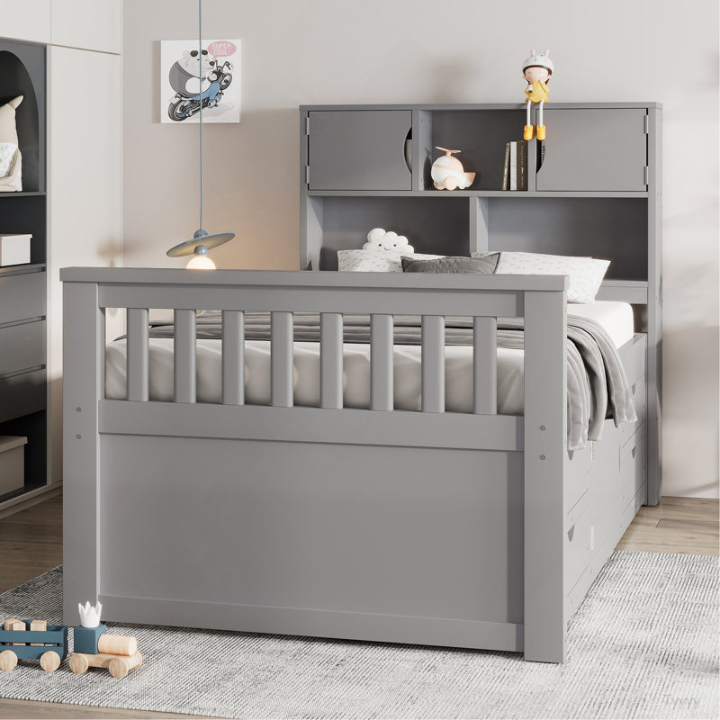 Structure de lit plateforme simple avec bibliothèques et tablettes de rangement, quatre tiroirs, gris, Grey
