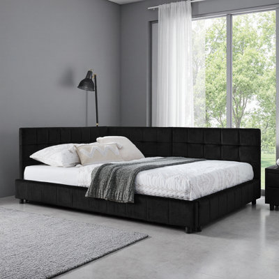 Velvet Upholstered Full Daybed Sofa Bed Frame with Tufted Backrest & Armrests, Mid-Century Modern Convertible Sleeper for Bedroom/Living Room, Black (80.5”L x 59”W x 30.5”H)