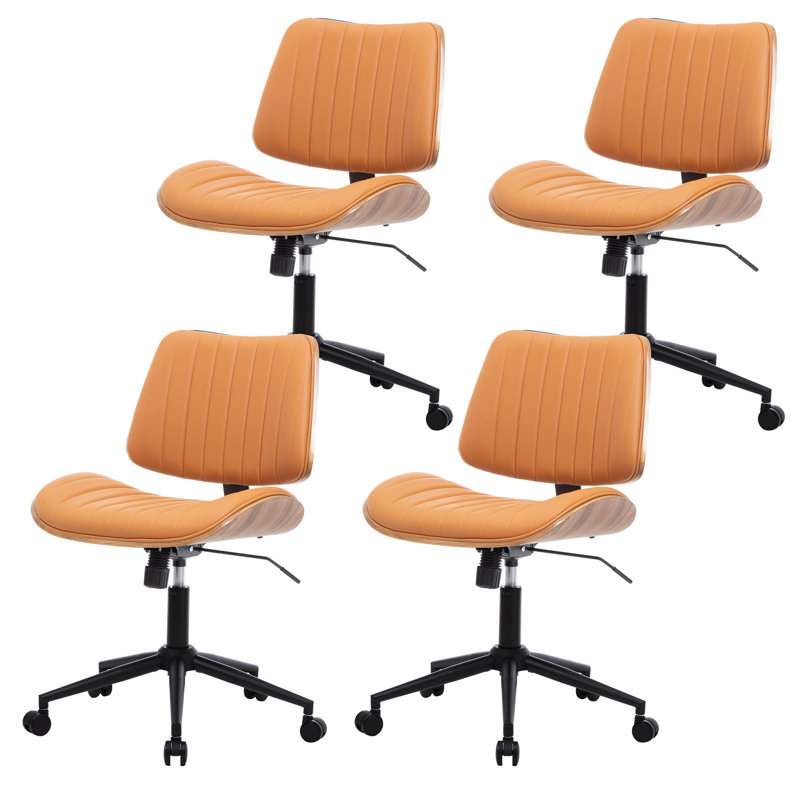 Armless Faux Leather Office Chair with Walnut Bentwood Back & Seat Base – Swivel, Recline & Height Adjustable, Brown