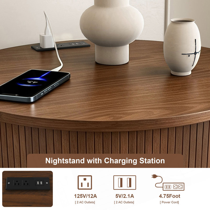 Table de chevet moderne Mid Century avec station de charge intégrée et porte coulissante