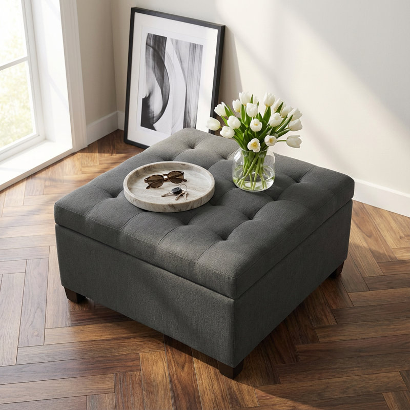 Contemporary Fabric Storage Ottoman with Tufted Lid and Hidden Storage Compartment, Dark Gray