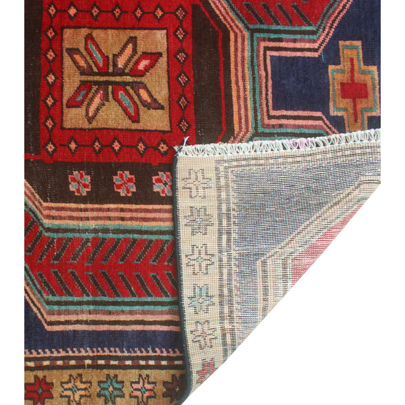One-of-a-Kind 3'7" x 10'4" New Age Runner Wool Area Rug in Navy and Red