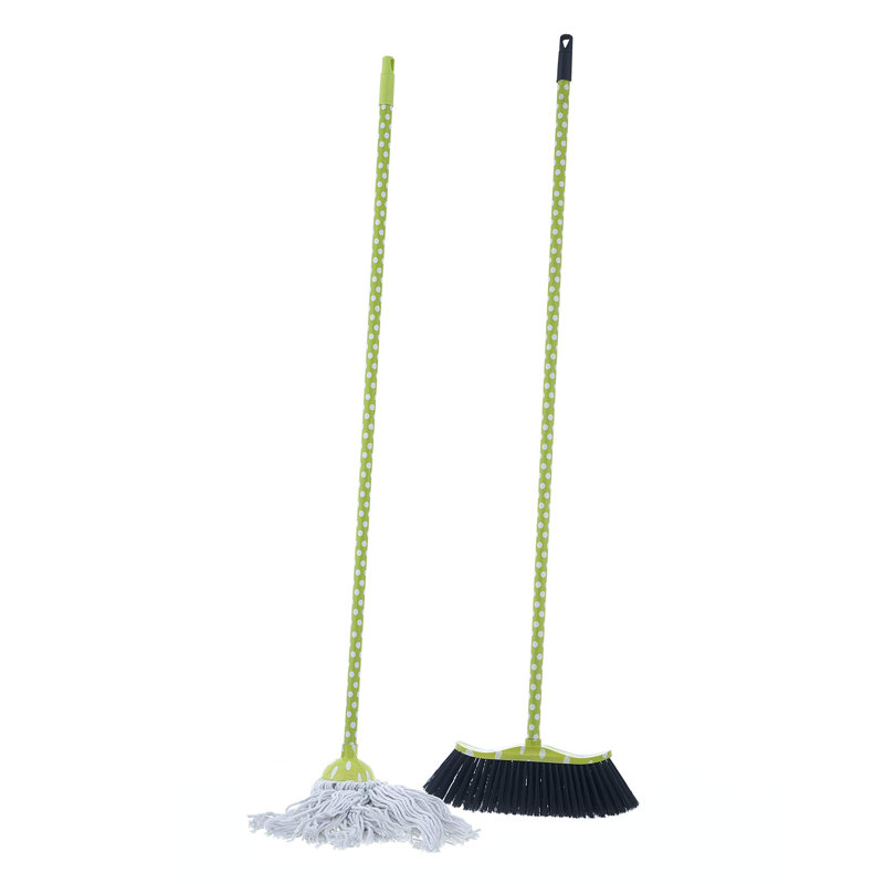 Ensemble de vadrouille en coton Superio, motif à pois vert clair, balai et vadrouille à outils de nettoyage de qualité supérieure.