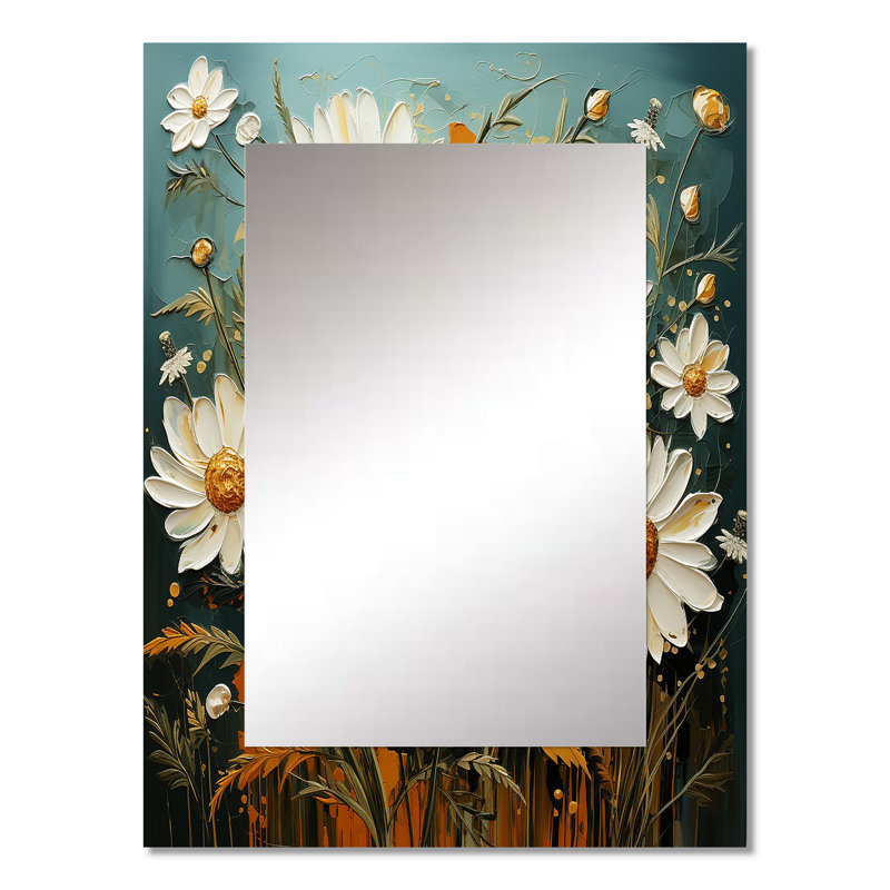 Blanc et bleu sarcelle marguerite sérénade II - miroir décoratif marguerites, miroir mural traditionnel, impression d'art en métal