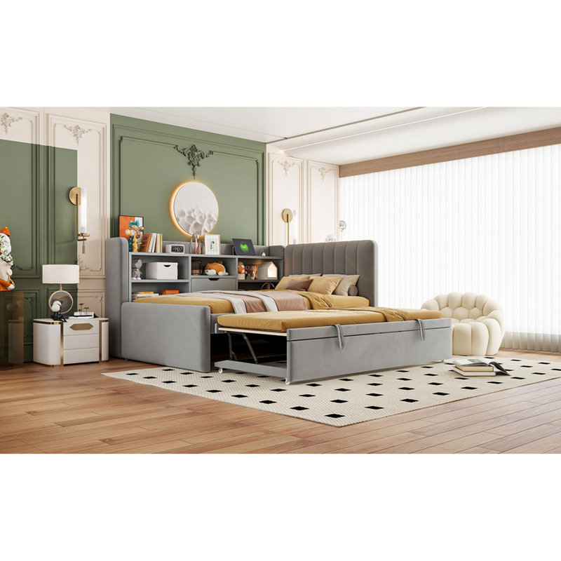 Gray Twin Daybed With Upholstered Look, Trundle, Storage Shelves And Power Outlet - Great For Sleepovers, 2 In 1 Sleep Setup Option Guest Rooms, Built