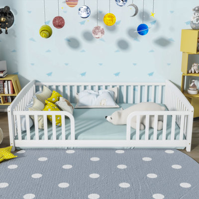 Full Size Floor Fence Bed with Central Entrance,Pine Wood Floor bed with Guardrails,White