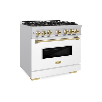 ZLINE Autograph Edition 36 in. 5.2 cu. ft. Classic Gas Range with 6 Burner Cooktop and Convection Gas Oven in Stainless Steel with Black Matte Door and Accents