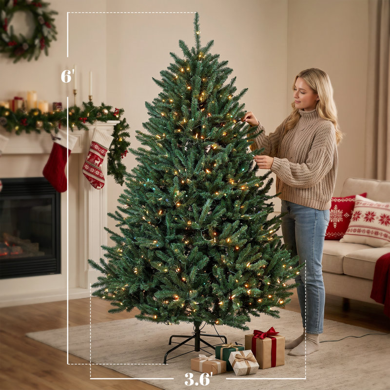 Sapin de Noël pré-illuminé de 1,80 m, épicéa bleu du Colorado, branchement facile, sapin articulé avec lumières DEL blanc chaud et multicolores