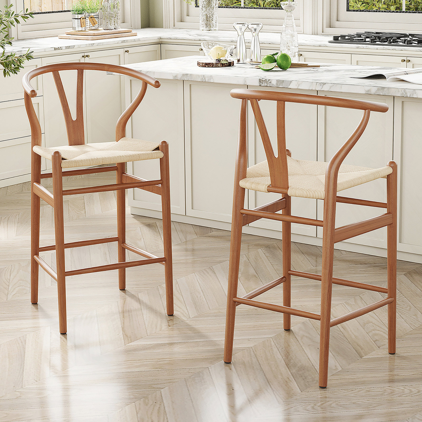Margo 27" Bar Stool, Beige/Walnut