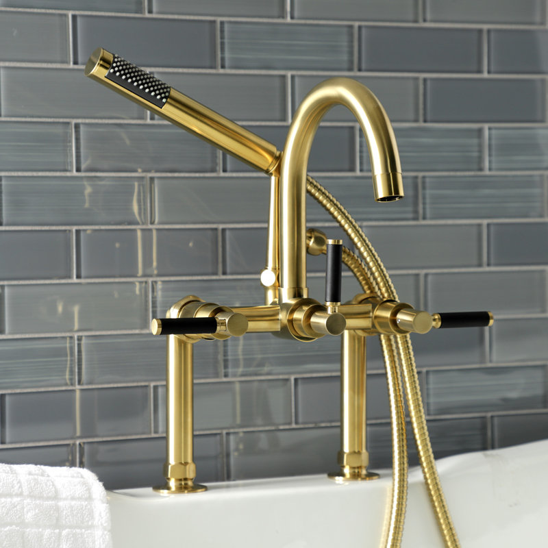 Kingston Brass Kaiser Three-Handle 2-Hole Deck Mount Clawfoot Tub Faucet with Hand Shower, Brushed Brass