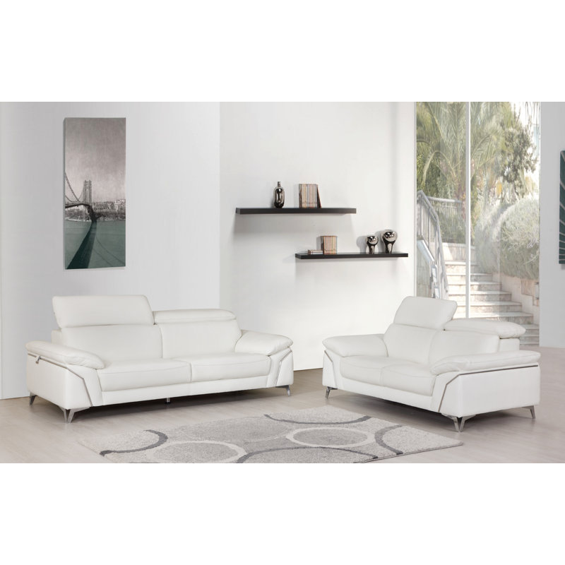 White Genuine Leather 2-Piece Sofa Set with Adjustable Headrests, White