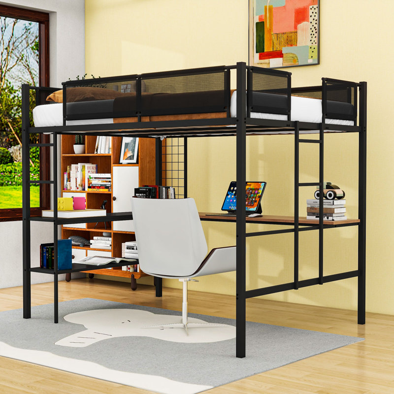Full Loft Bed With Desk, Shelves And Dual Ladders
