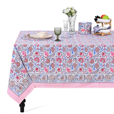 Dove Blue Flamingo Pink Printed Cotton Tablecloth For Farmhouse Daily Use Ideal Spring Gift