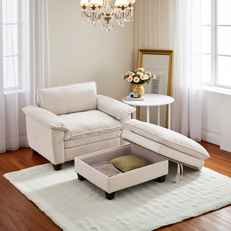 Méridienne surdimensionnée 51 po en chenille douce avec repose-pieds de rangement amovible (beige), Beige